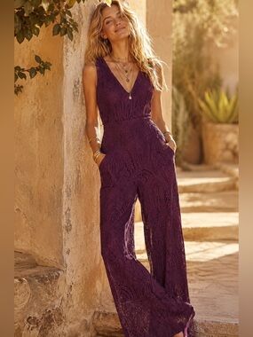 Altar'd State Sleeveless Plum Lace Knit Wide-Leg Jumpsuit